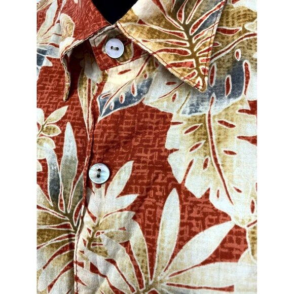 Tori Richard Men Hawaiian Shirt Size Large Tan Maroon Leaf Tropical Aloha Collar - Picture 4 of 8